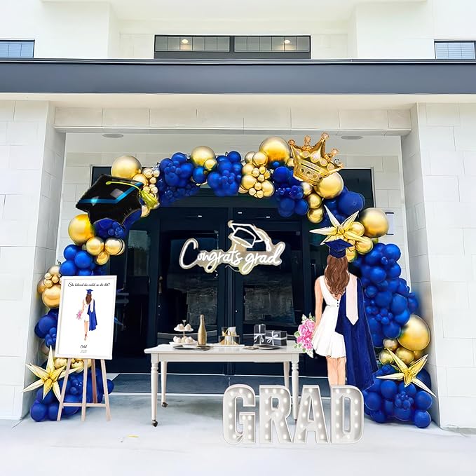 Royal Blue and Gold Graduation Balloon Garland Arch Kit 105 PCS with foil star crown graduation cap balloons for School students graduate class of 2025 Prom Party Decorations (Royal Blue Gold)