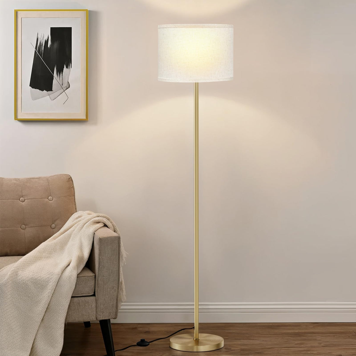 Ambimall 60'' Modern Floor Lamp with Shade, Tall Lamps for Living Room, Bedroom, Office, Dining Room, Beige Shade with Gold Pole(Without Bulb)