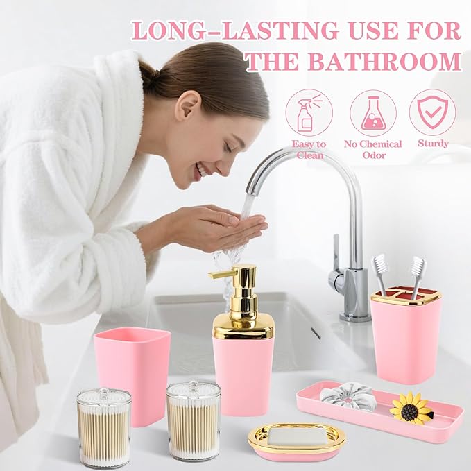 Pink Bathroom Accessories Set, Pink and Gold Bathroom Accessories with Trash Can, Soap Dispenser, Soap Dish, Toothbrush Holder and Q-tip Holders