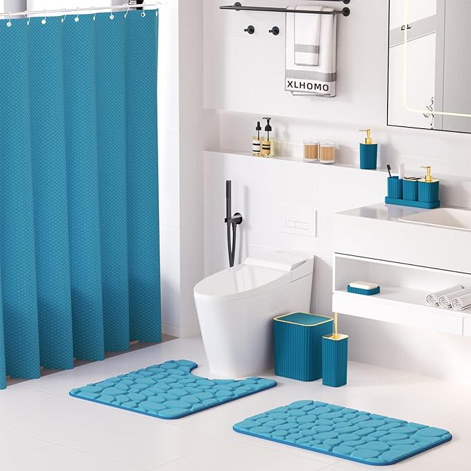 Bathroom Accessory Set - 25PC Teal Bathroom Set, Bathroom Set with Shower Curtain and Rugs, Bathroom Accessories Set, Shower Curtain Set, Trash Can & Soap Dispenser