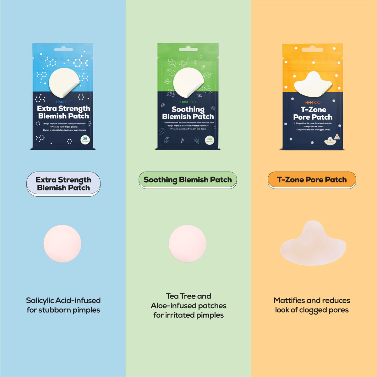Hanhoo Soothing Blemish Patch, Extra Strength Blemish Patch, and T-Zone Pore Patch Bundle, 88 Total Patches, with Salicylic Acid, Tea Tree, and Aloe, Blackhead and Acne Treatment, Acne Stickers