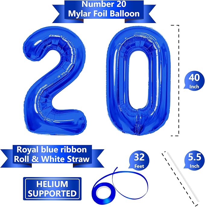 Number Balloons Navy Blue Balloons - Giant Number 20 Balloon, Blue 20th Number Balloon Birthday Decorations for Boys