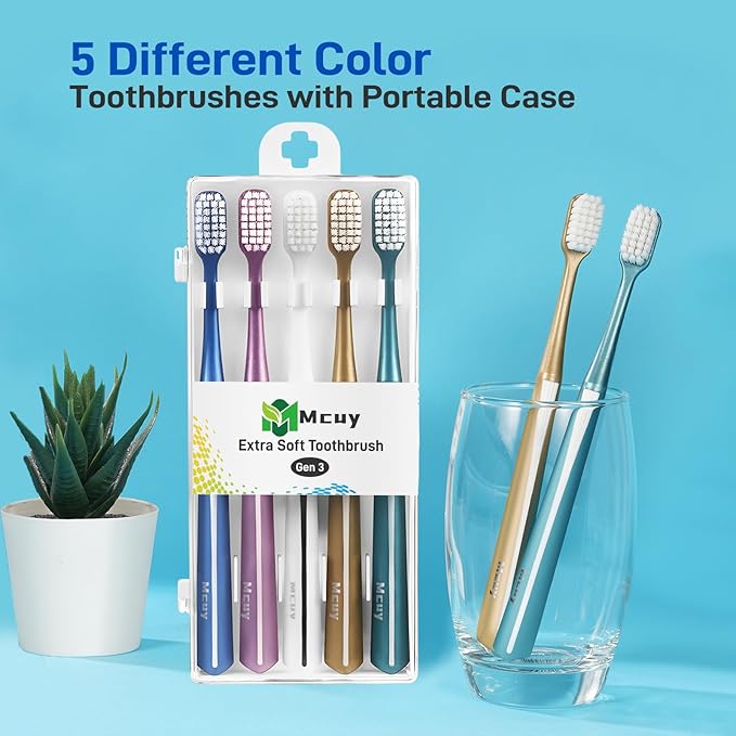 Ultra Soft Toothbrush for Adults Sensitive Teeth & Gums | Gentle Plaque Removal | Non-Slip Ergo Grip Toothbrushes with Travel Case, 5 Count