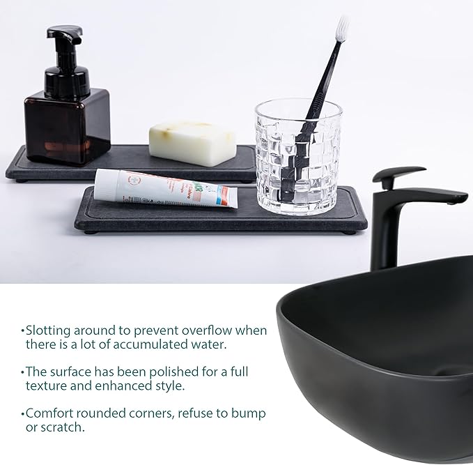 2 Pcs Water Absorbing Stone Trays, Kitchen/Bathroom Sink Soap Dish, Diatomite Tray Used for Hand Soap & Cosmetic Bottles in The Modern Home, 4" W x 10.2" L, Dark Gray