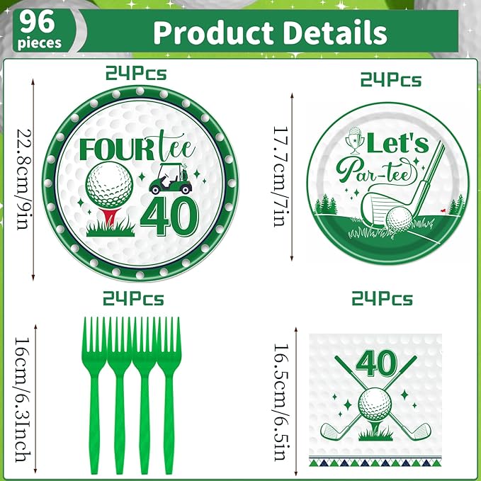 Rakuto Golf 40th Birthday Tableware Decorations for Men, Golf Theme Fourtee Birthday Party Plates Napkins and Forks, Disposable Paper Plates Supplies Decor Serves 24