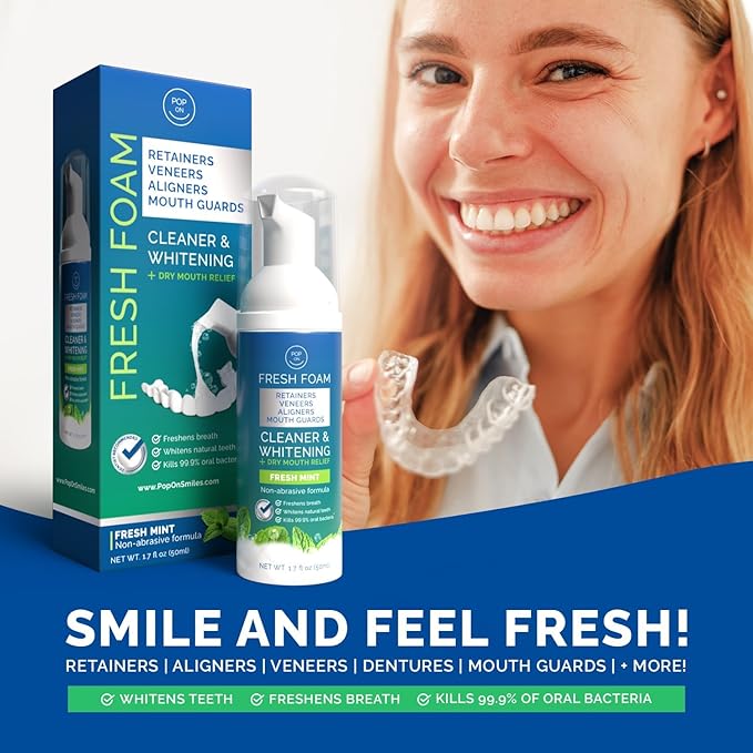 Retainer Cleaning Bundle by Pop On - 30 Retainer Cleaner Tablets, 1 Aligner Cleaner Fresh Foam, 1 Soft Bristle Toothbrush, 1 Mirror Case for Mouth Guards, Night Guards, Invisalign, Veneers, Dentures