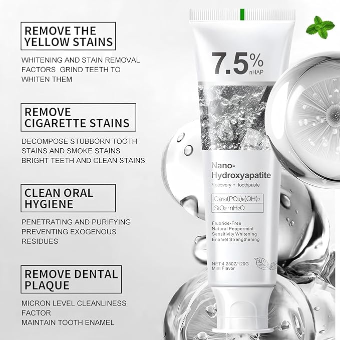 7.5% Hydroxyapatite Toothpaste, Advanced Enamel Protection, Freshening Breath.Deep Cleansing, 7.5% Hydroxyapatite Whitening And Repairing Toothpaste, Fluorine-Free Formula, Containing Mild Mint. (2pc)