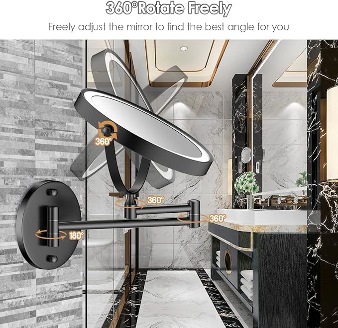 Rocollos Rechargeable Wall Mounted Lighted Makeup Mirror, 8 Inch Double-Sided LED Vanity Mirror 1X/10X Magnification,3 Color Lights Touch Screen Dimmable 360°Swivel 13 Inch Extendable