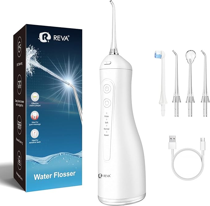 Portable Water Flosser for Teeth - 4 Modes Cordless Oral Irrigator with 300ML Tank, 360° Rotating Nozzle, 4 Jet Tips, Rechargeable, IPX7 Waterproof, Low Noise Gravity Ball Design (M159 - White)
