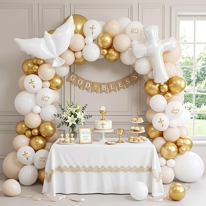 God Bless Baptism Decorations Kit Sand White & Pearl Champagne Gold Balloon Garland Arch - Dove Cross Foil Balloons, Banner for Christening, First Holy Communion, Confirmation, Religious Party