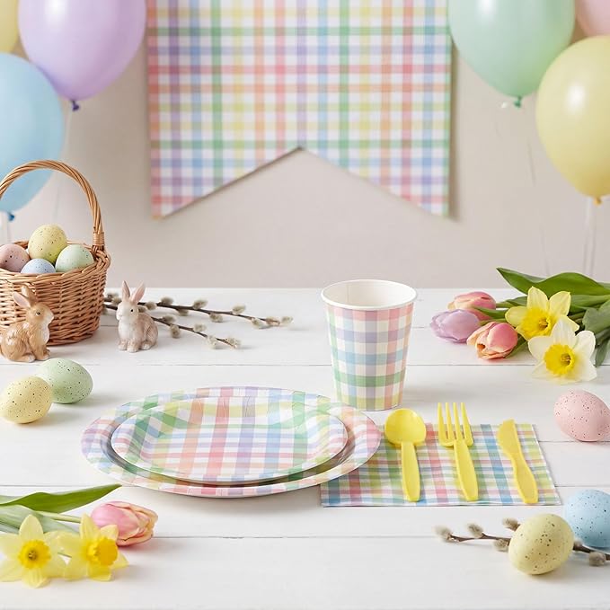 175 Pcs Easter Plates and Napkins, Easter Plaid Party Supplies Include Spring Pastel Gingham Plates Napkins Cups Plastic Cutlery Pastel Party Decorations for Baby Shower, Picnic, Birthday
