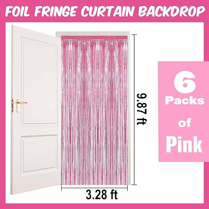 6 Pack Pink Foil Fringe Curtains Backdrop, 3.28 x 9.8 Ft Metallic Streamers Tinsel Curtains Background for Photo Booth, Birthday, Halloween, Christmas, Thanksgiving, New Year Party Decorations