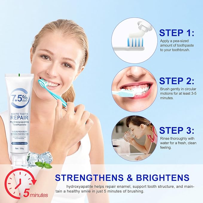 7.5% Hydroxyapatite Toothpaste for Enamel Protection & Tooth Strengthening, White Tooth Repair, Sensitive Teeth, Gentle Mint Fluoride-Free Formula (120g/4.23oz)
