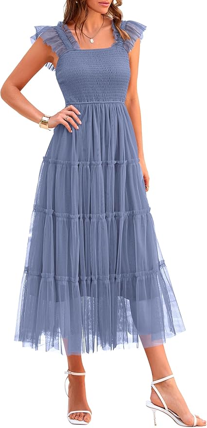 PRETTYGARDEN Women's Summer Tulle Midi Dress Sleeveless Smocked Ruffle Flowy Mesh Dresses Party Wedding Guest Sundress