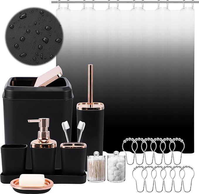 Bathroom Accessory Set – Bathroom Sets with Shower Curtain, Black Ombre Waterproof Shower Curtain with Stainless Steel Hooks, Bathroom Accessories Set with Shower Curtain Set for Home Decor