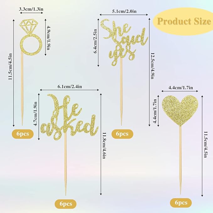 24 Pcs He Asked She Said Yes Cake Topper Gold Cupcake Toppers Heart Diamond Ring Cupcake Picks Glitter Cupcake Decorations for Wedding Engagement Bridal Shower Party Cake Decorations
