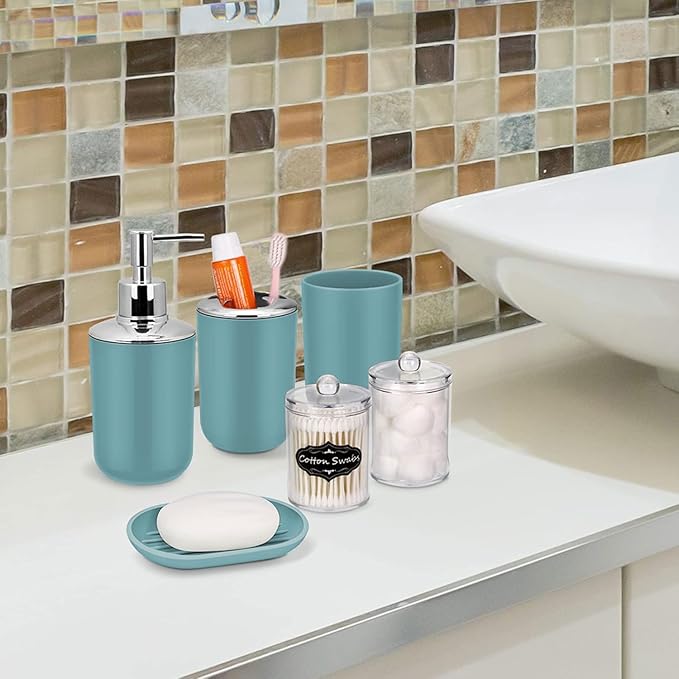 IMAVO Bathroom Accessories Set,Blue Bathroom Set,9 Pieces Bathroom Accessory Set,Tray,Qtip Holders,Toilet Brush,Trash Can for Bathroom Décor and Home Gifts
