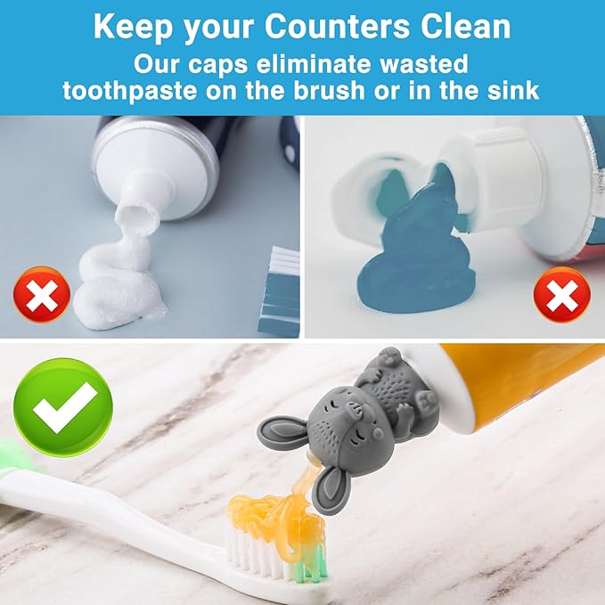 Self-Closing Toothpaste Caps by Tilcare - No Waste Cap Dispensers for Kids Bathroom - Mess-Free Toothpaste Lids - Easy to Use, Food Grade Silicone and BPA-Free Toppers