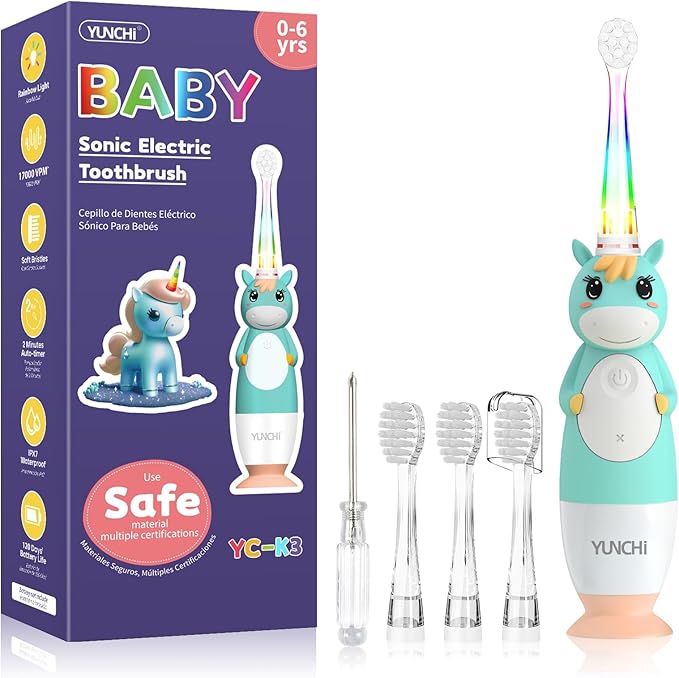 YUNCHI Toddler Electric Toothbrush Kids 0-3-6 Years, Baby Electric Toothbrush with Colorful LED Light, Battery Powered Toddler Toothbrush with 2 Minutes Timer 4 Brush Heads, Infant Toothbrush (Green)