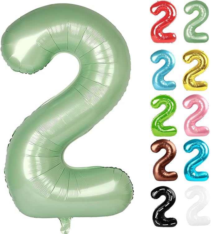 Sage Green Number 2 Balloon 40 Inch, 2 Balloon Number, 2nd Birthday Decorations for Baby Girls Boys Toddlers