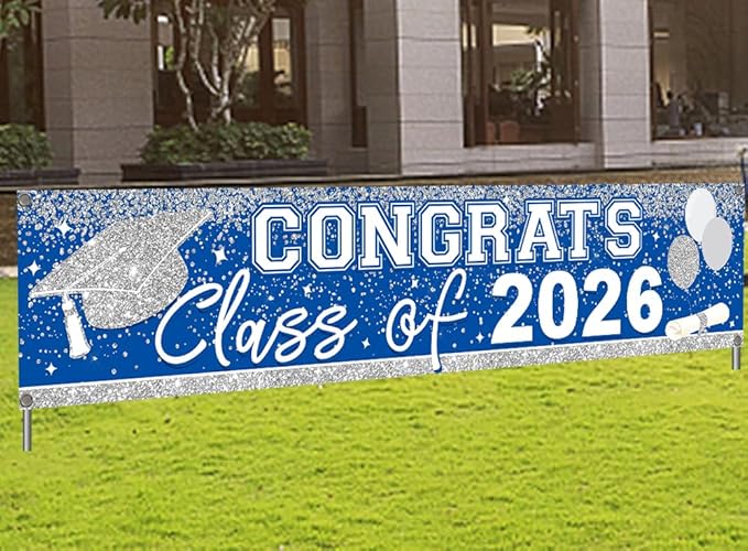 Large Congrats Grad Banner Light Blue Class of 2026 Banner Backdrop 2026 Yard Sign for Graduation Party Supplies Graduation Decorations 2026 (Light Blue)