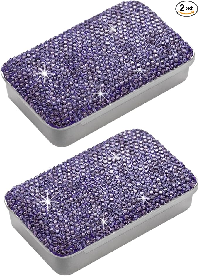 2pcs Dental Floss Holder Travel Bling Gum Container Small Metal Tin Box Case for Q-tip,Cotton Swab（Purple