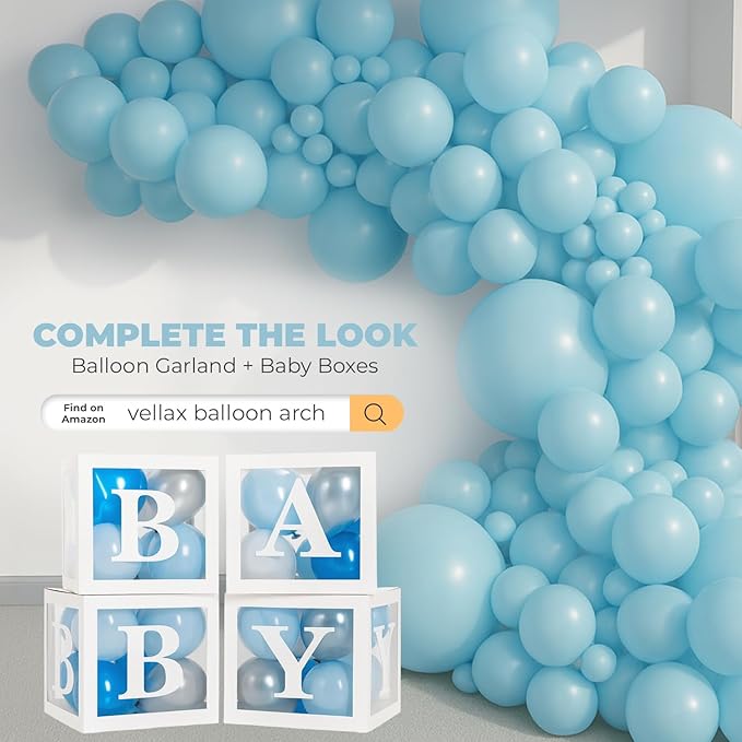 Baby Shower Boxes with Letters – White Boxes with Blue, Silver & White Balloons – 44-Piece Gender Reveal & Party Decoration Set by Vellax