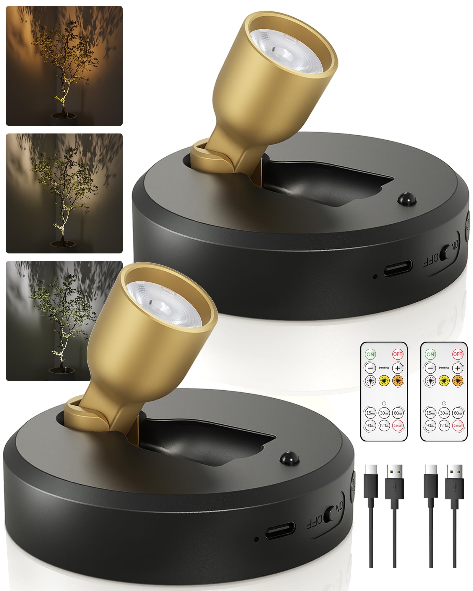 EZVALO Spotlight Indoor with Remote, 4000mAh Rechargeable Plant Spot Lights Indoor, Wireless Mini Uplights with Dimmable & 3-CCT, Timer, Accent Lighting for Pictures, Artwork, Displays (2-Pack)