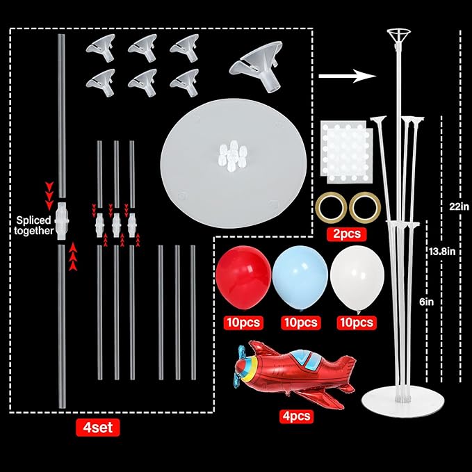 4 Sets Airplane Birthday Party Balloons Stand Kit with 4 Plane Helicopter Foil Balloons Red Blue White Theme Party Balloon Centerpiece for Table for Adventure Time Flies Baby Shower Parties Decoration