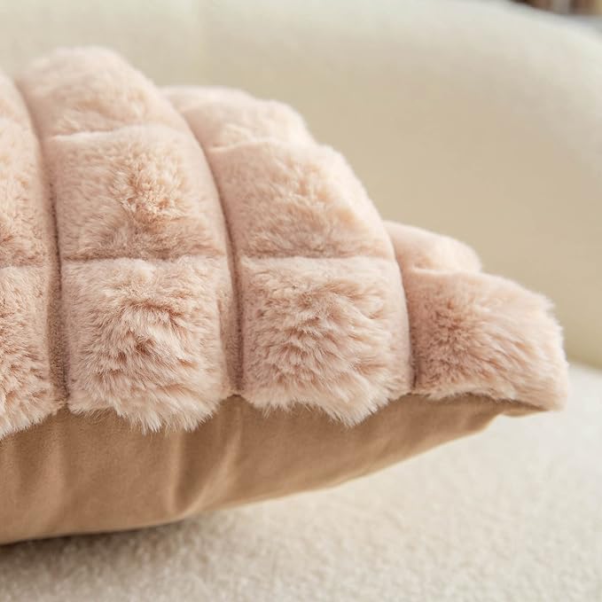 Neelvin Camel Faux Fur Cozy Soft Plaid Decorative Throw Pillow Covers 16x16 inch Set of 2,Velvet Pillowcase Cushion Case for Sofa Couch