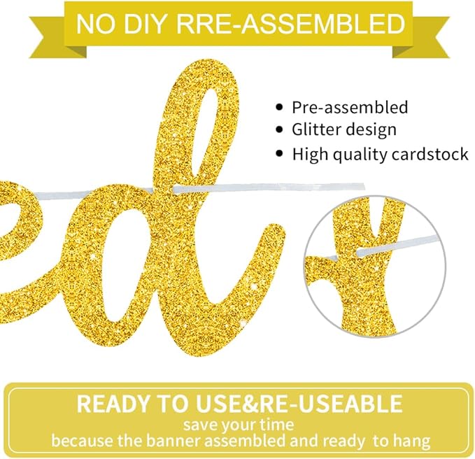 BEISHIDA Gold Just Married Banner - NO DIY, Glitter Wedding Party Banner,Just Married Signs, Bachelorette/Bridal Garland,Engagement Party Decor Supplies, Wedding Reception Party Decorations.