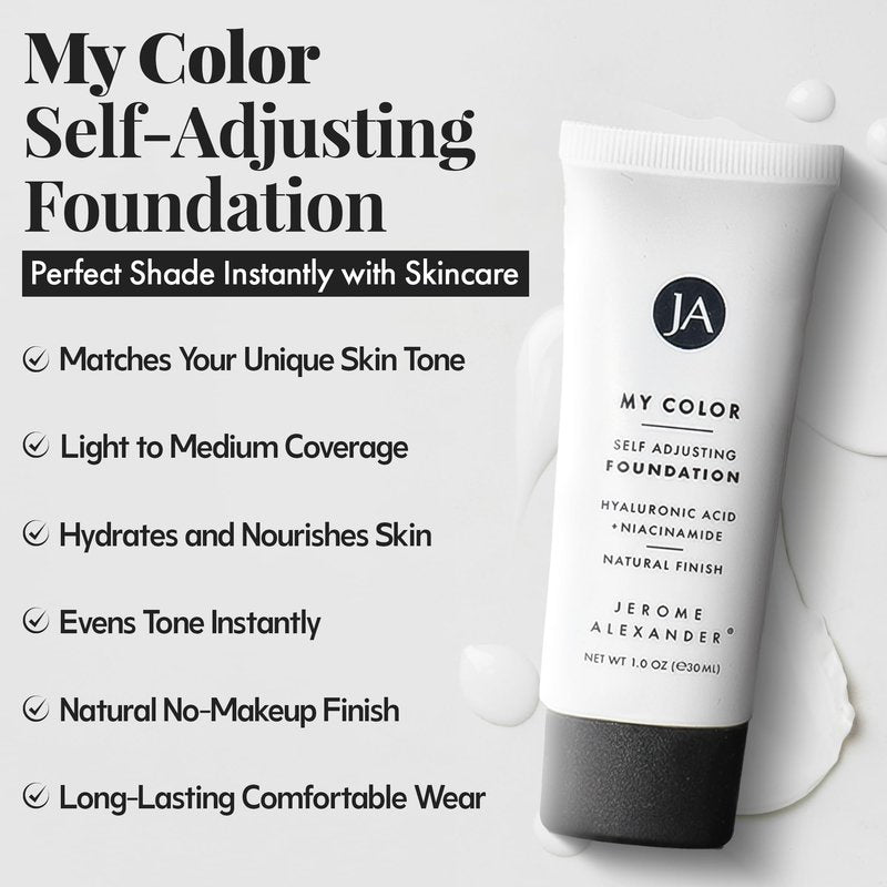 Jerome Alexander My Color Self-Adjusting Foundation, Hydrating & Lightweight Face Makeup, Skincare-Infused, with Kabuki Brush, Medium, 1 oz