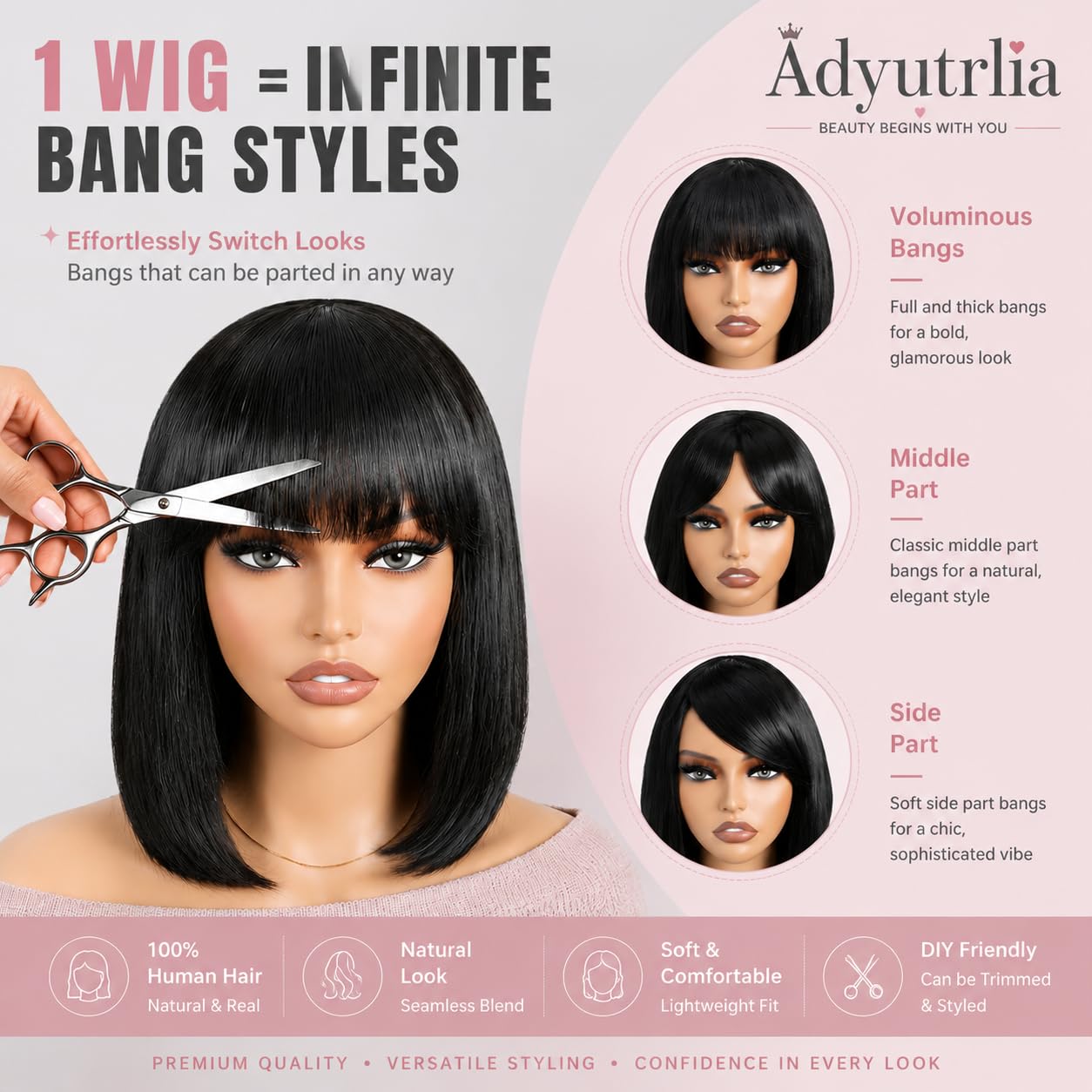 Adyutrlia Straight Bob Wig Human Hair With Bangs Glueless 2x4 HD Lace Colsure Wigs, Ready to Go Human Hair Wig Short Wigs Human Hair For Women Beginner Friendly (Natural Black, 10 Inch)