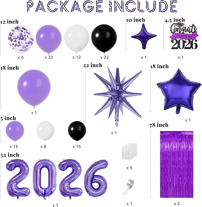Graduation Balloon Arch Kit 2026 Graduation Decorations, Different Sizes 5 12 18 Inch Purple Black White Grad Balloons Arch with Class of 2026 Cake Toppers, Fringe Curtain, Star & 2026 Balloons