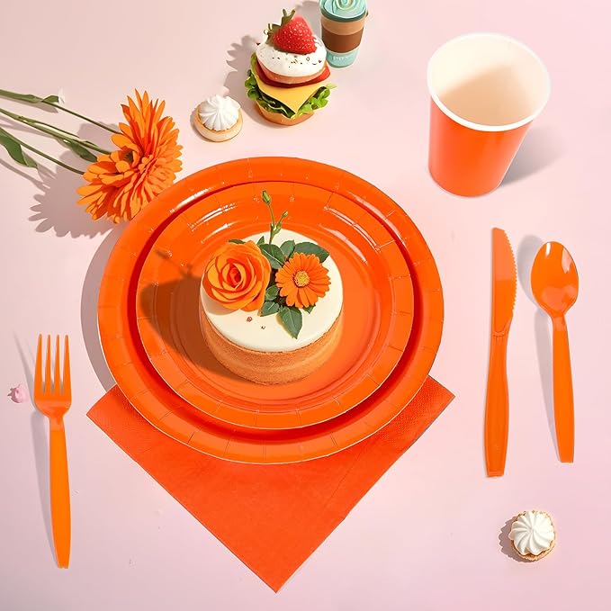 Ottin 169PCS Orange Party Supplies for 24 Guests – Disposable Paper Plates, Napkins, Cups, Forks, Knives, Spoons & Tablecloth for Birthday, Wedding, Halloween, Thanksgiving, Christmas, and New Year