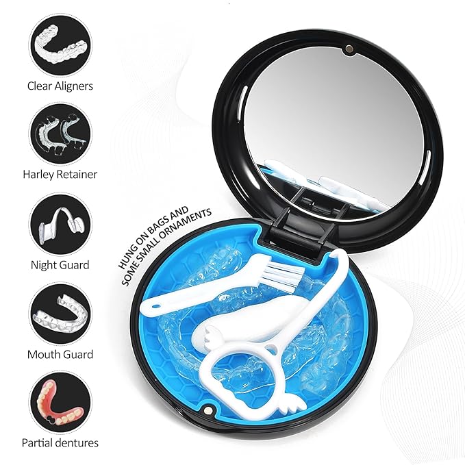 Retainer Case with Mirror,Slim Aligner Case with Vent Holes,Cute Night Mouth Guard Box,Retainer Removal Tool and Brush (Black Blue)