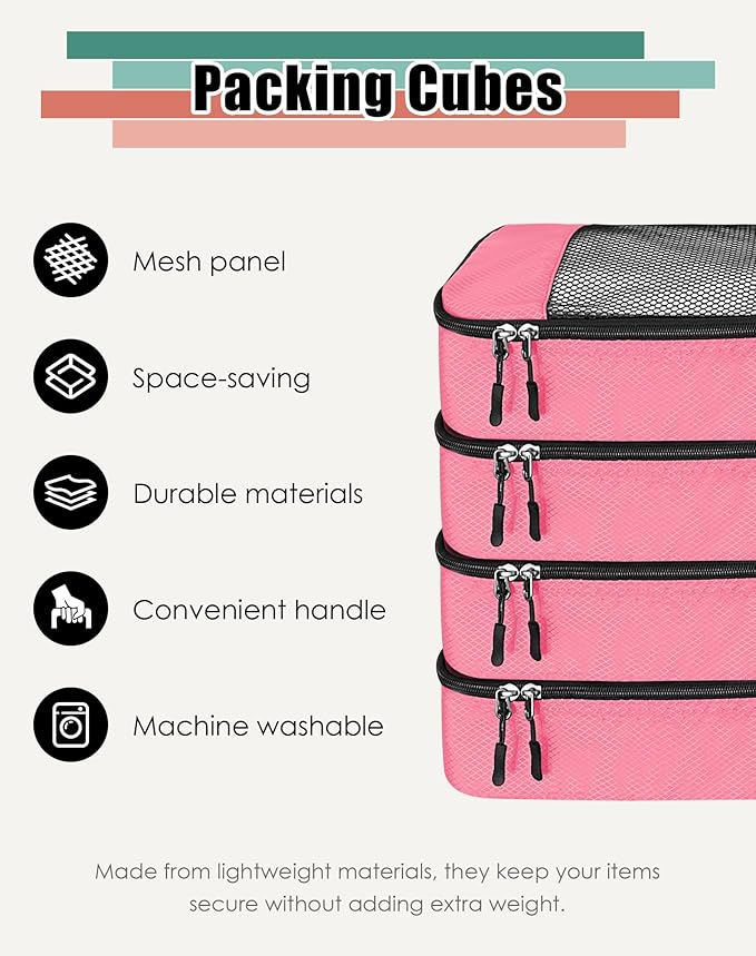 WTREE 4-Piece Packing Cubes Travel Accessories Set for Suitcases - Luggage Organizer Bags with Double Zipper - Mesh Top - Small - Pink