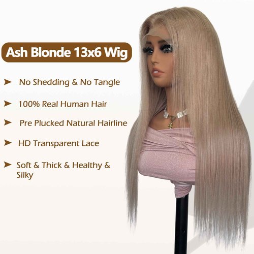 Ash Blonde Wig Human Hair 13x6 Transparent Lace Front Wigs Human Hair 180% Density Ash Blonde Straight Lace Front Wigs for Black Women Pre Plucked Colored HD Lace Frontal Wig 20 Inch