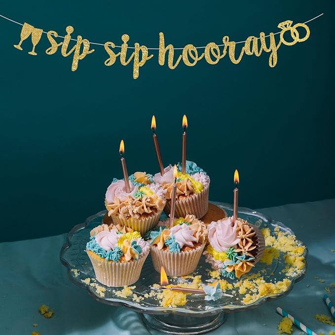 Pre-Strung Sip Sip Hooray Gold Glitter Banner - Bachelorette Wedding Bridal Shower Birthday Party Decor