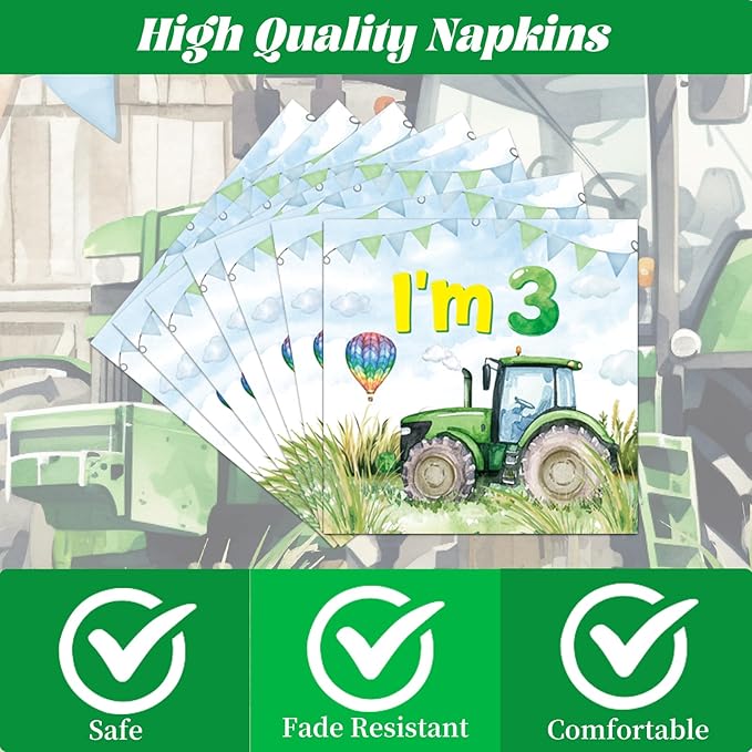 Rakuto Tractor Birthday Party Decorations, 96PCS Tractor 3rd Birthday Disposable Paper Plates and Napkins Decorations, Farmer Themed 3 Years Old Tractor Decor Supplies Serve 24