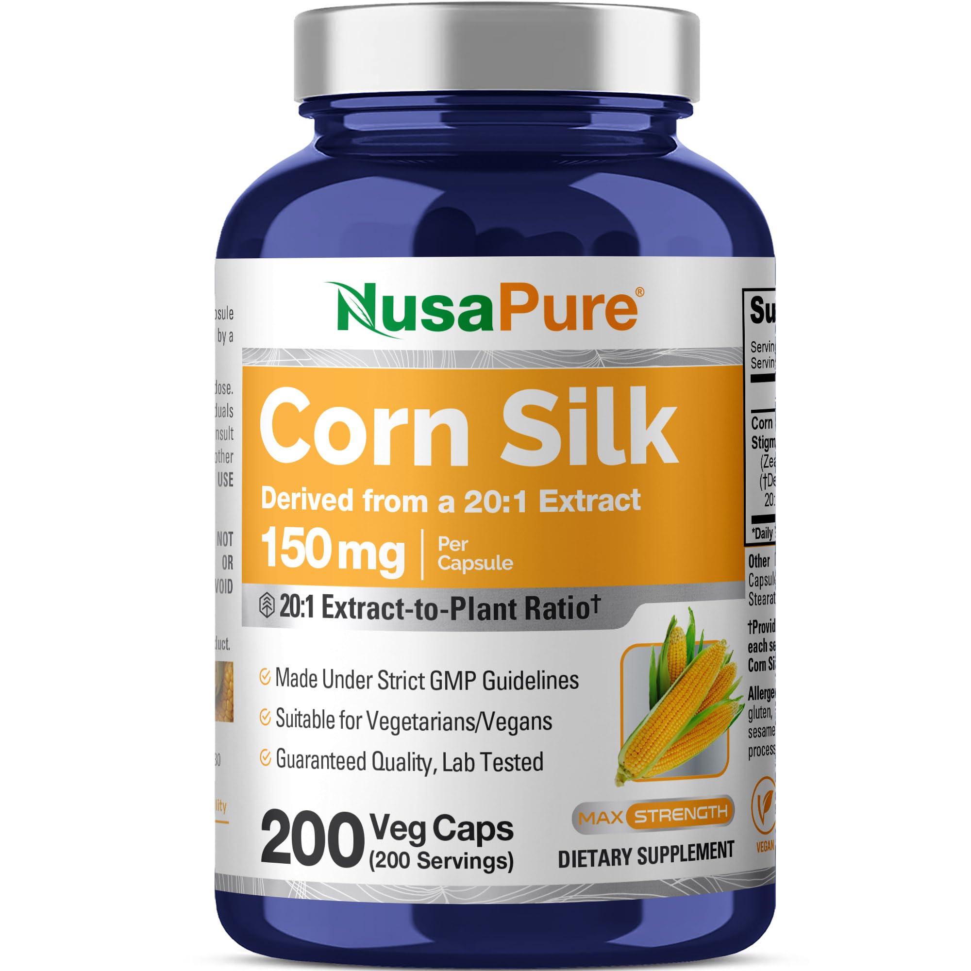 NusaPure Corn Silk Capsules, 150 mg, 200 Veg Capsules (Non-GMO, Vegan)