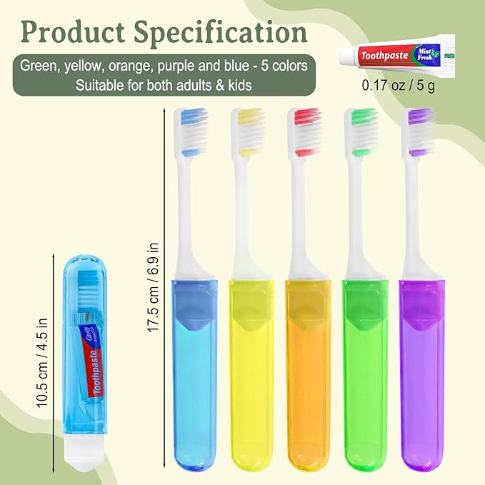 Travel Toothbrush, Toothbrush and Toothpaste Travel Set, Individually Packaged, Includes Storage Case, Foldable Design, 5 Colors, Ideal for Business Trips, and Hotels (100-PACK)