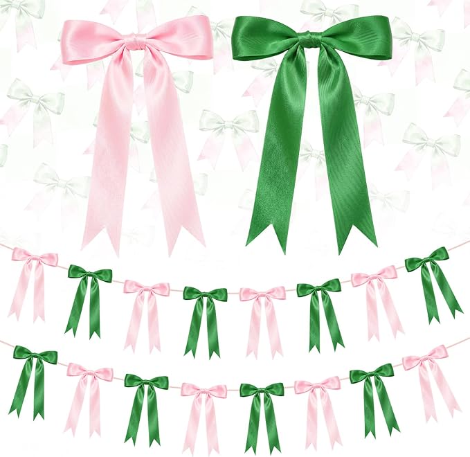 2 Strings Pink & Green Bow Garland Banner Decorations, 16Pcs Pre-Strung Satin Ribbon with 6.7ft Chain for Girls Ribbon Bow Banner Coquette Room Birthday Baby Shower Bachelorette Wedding Party Decor