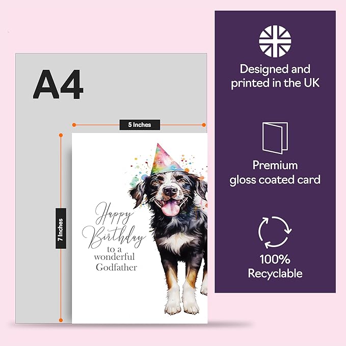 Birthday Cards for Godfather - Party Hat Dog - Happy Birthday Card for Godfather from Godson Goddaughter, 5x7 Inch Bday Gifts Greeting Cards for Men Him