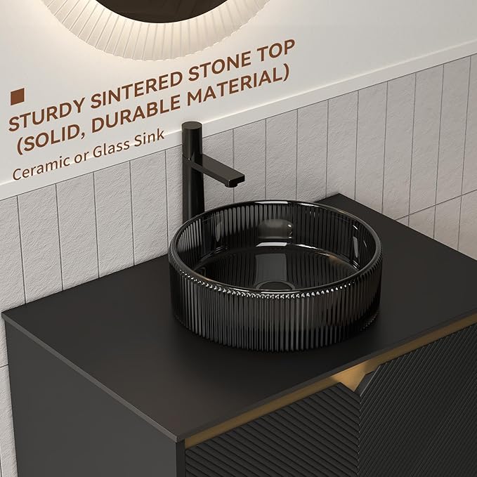 30 Inch Bathroom Vanity with Sink, Floating Fluted Vanity with Vessel Sink, Modern Bathroom Vanity Cabinet with 2 Doors with Metal Trim, Round Glass Sink & Sintered Stone Top, Black