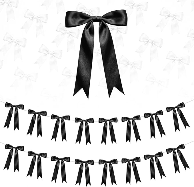 2 Strings Black Bow Garland Banner Decorations, 16Pcs Pre-Strung Satin Ribbon with 6.7ft Chain for Women Ribbon Bow Banner Coquette Room 30th Birthday Bridal Shower Wedding Bachelorette Party Decor