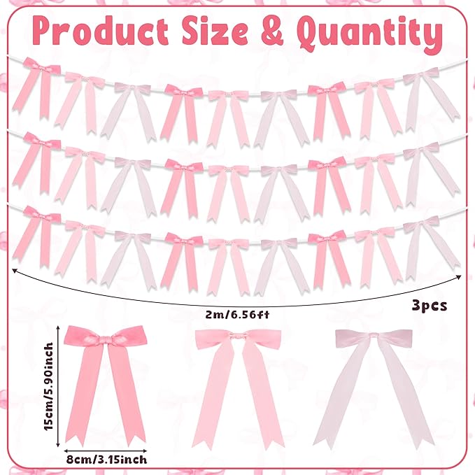 Haooryx Pre-Strung Pink Bow Garland Banner - 3pcs Coquette Bow Pink Ribbon Hanging Banner Garland for Girls Birthday Bridal Shower Wedding Bachelorette Party Decoration Home Wall Photo Props Supply
