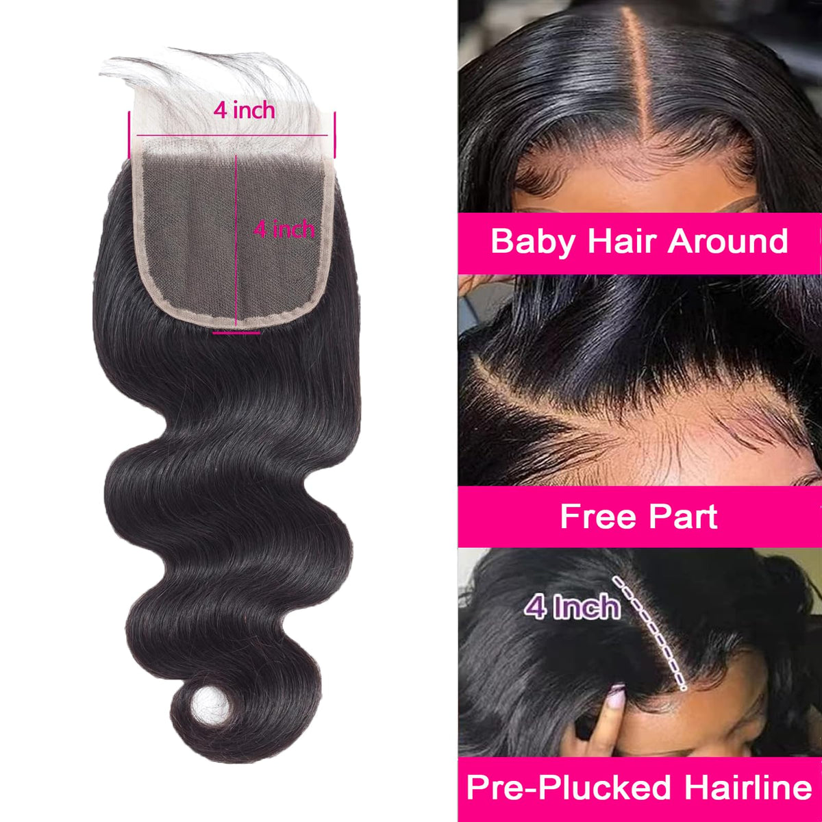 4x4 Human Hair Lace Closure Body Wave HD Lace Closure 18 Inch Free Part 100% Unprocessed Brazilian Virgin Human Hair Closure Hd Transparent Closure 150% Density Pre Plucked Natural Black