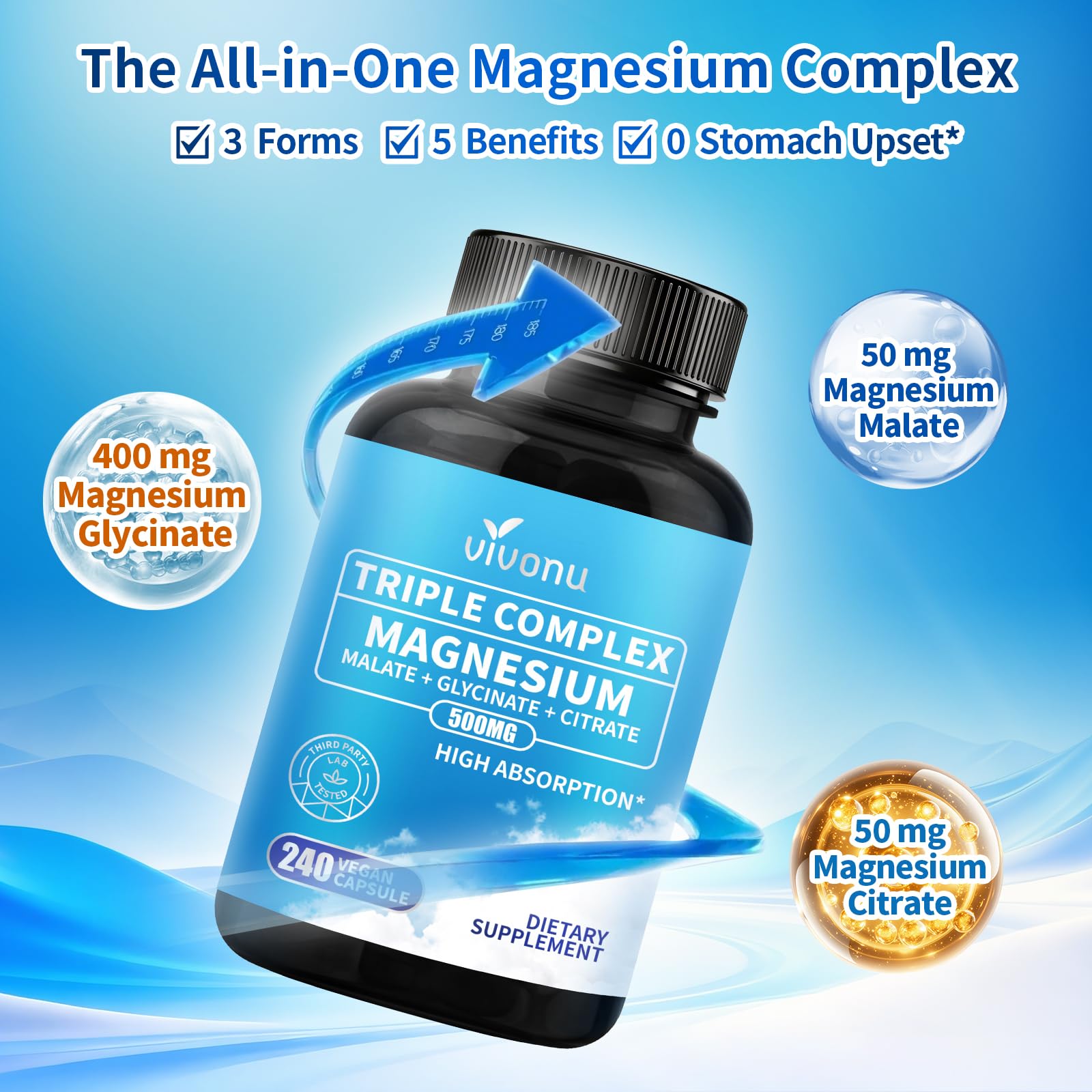 3 Pack Triple Magnesium Complex - Magnesium Glycinate 400mg, Malate, Citrate, High Absorption Chelated Magnesium Supplement