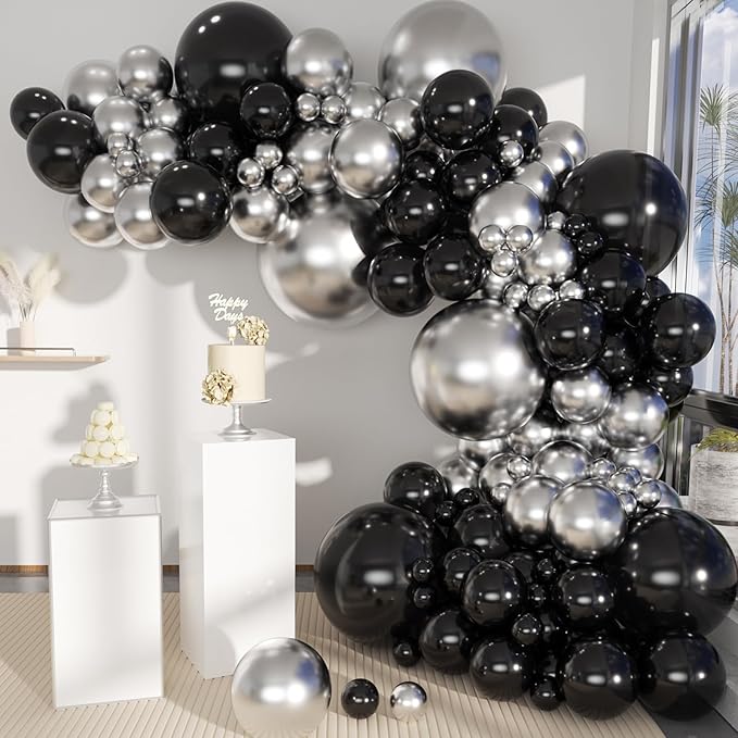 Black and Silver Balloons Garland Arch Kit, 135 Pcs Latex Balloon Different Sizes for Graduation Birthday Anniversary New Year Party Decors